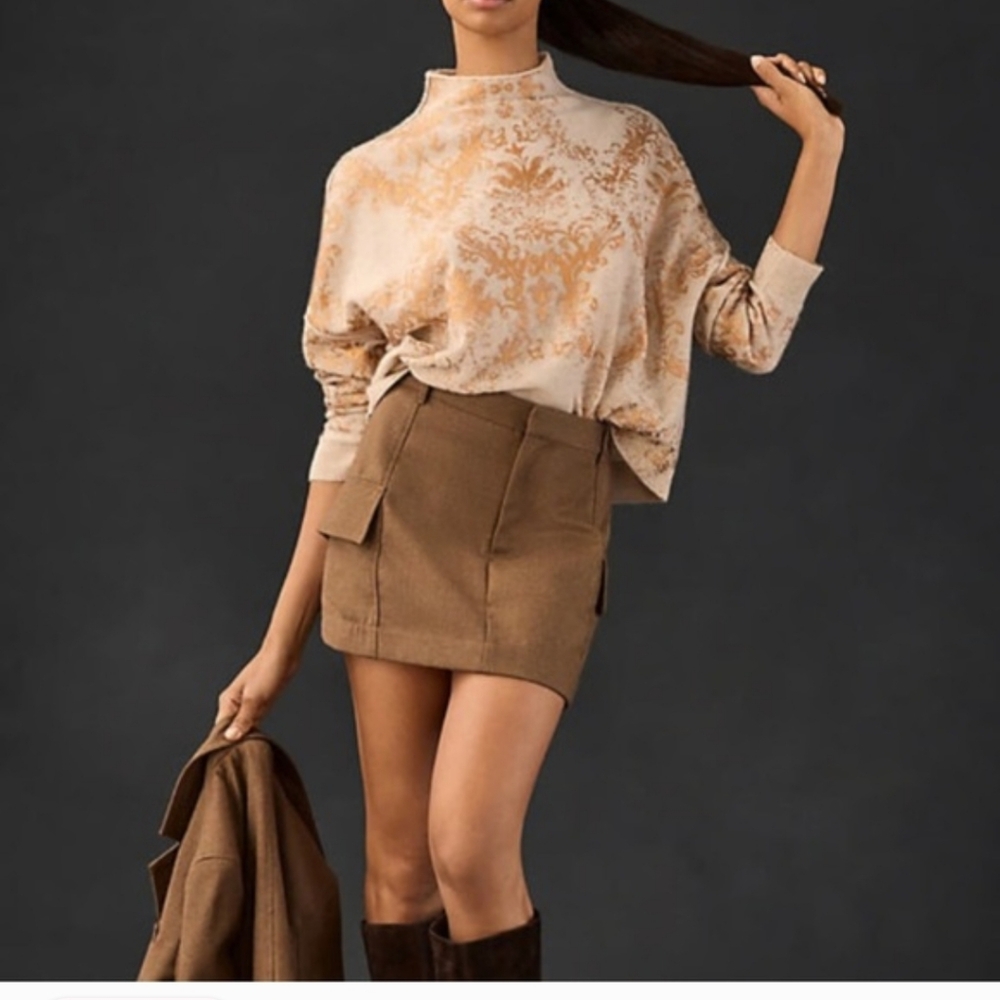 Pilcro Alani Cashmere Beige Metallic Print Crop Mock Neck Top MP